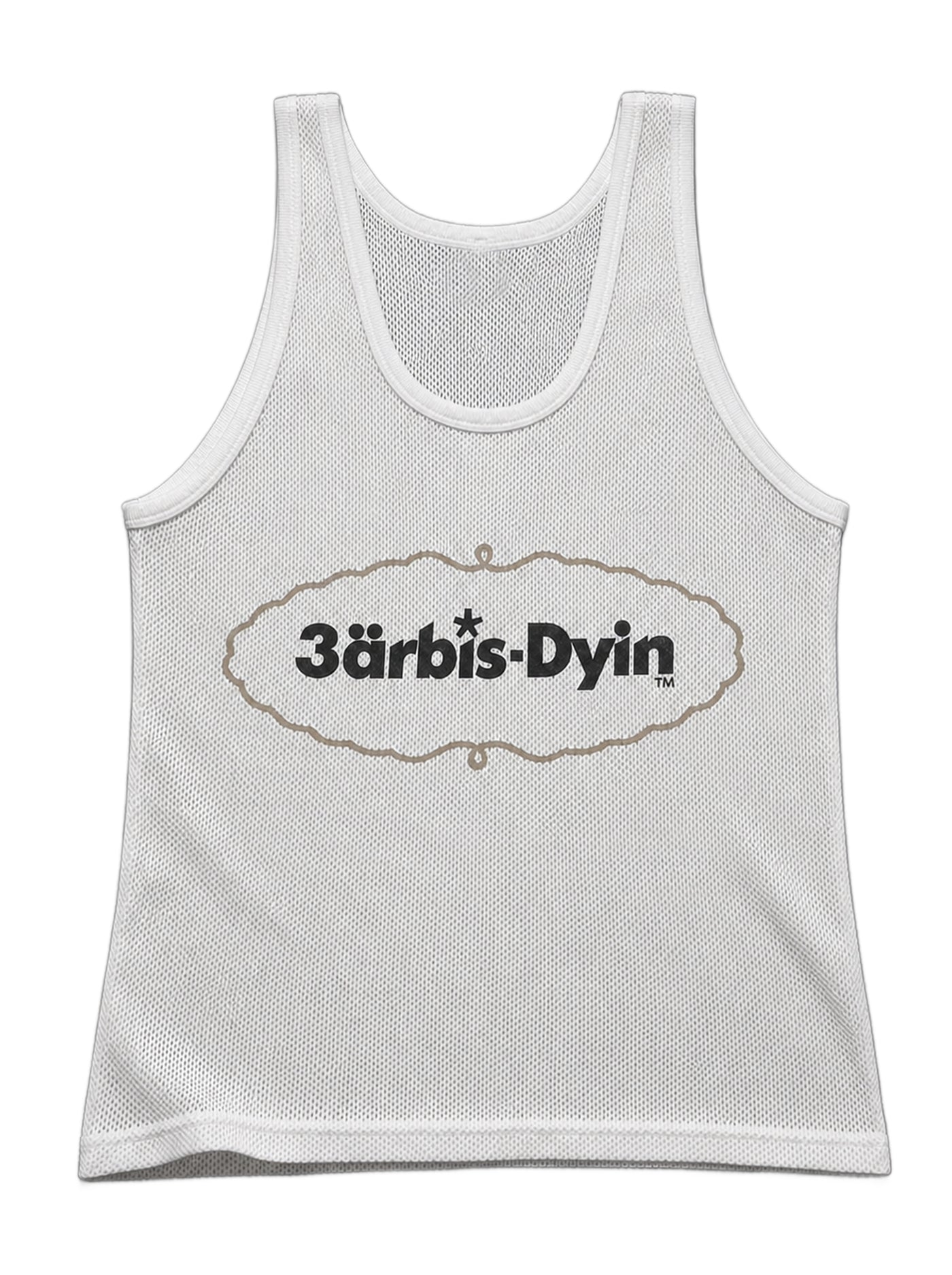 Débardeur Defougue Mesh Tank Top en maille ajourée blanc cassé, logo …-Dyin™ imprimé au centre de la poitrine, contour taupe — déclinaison 2