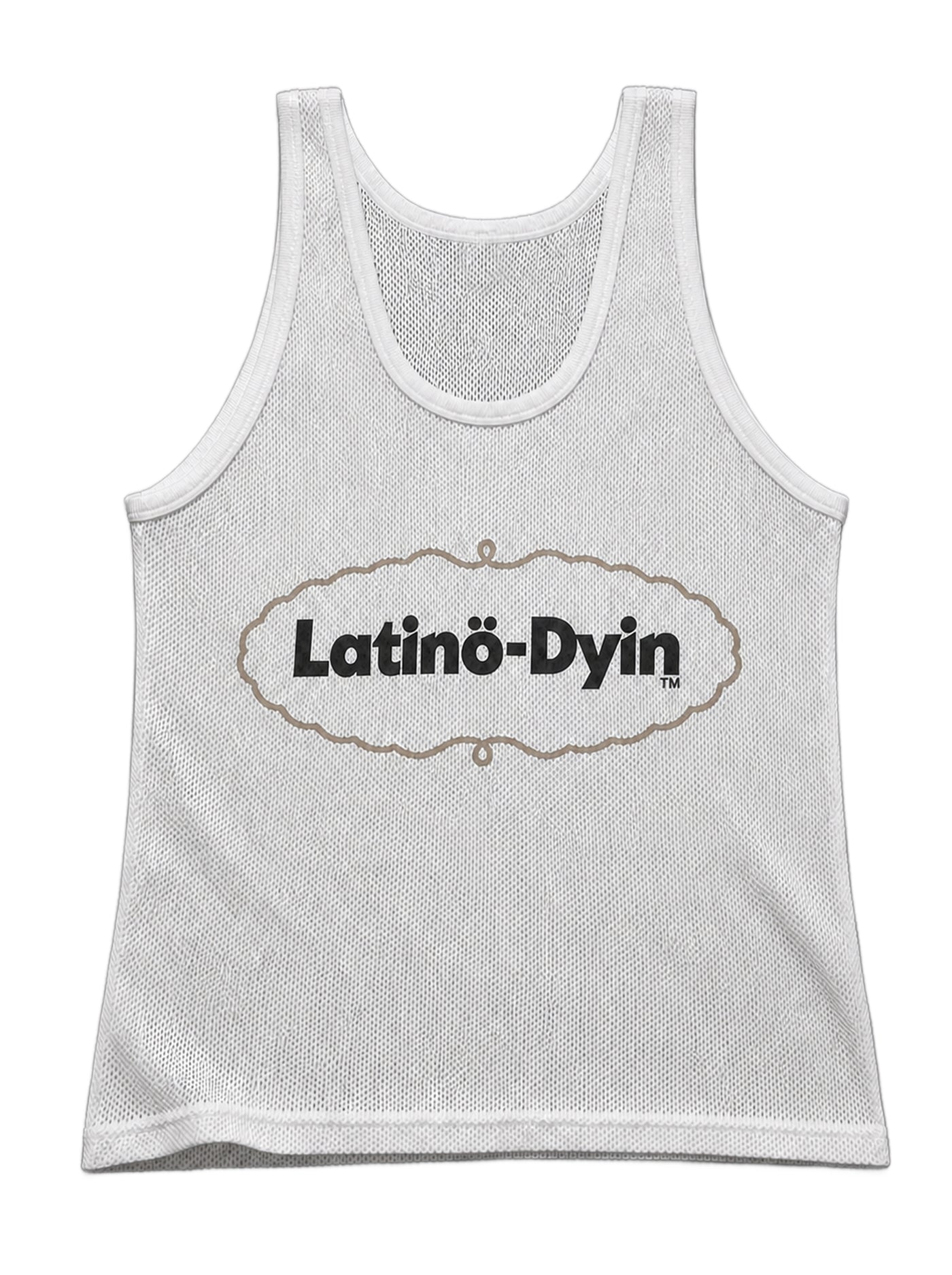 Débardeur Defougue Mesh Tank Top en maille ajourée blanc cassé, logo …-Dyin™ imprimé au centre de la poitrine, contour taupe — déclinaison 3