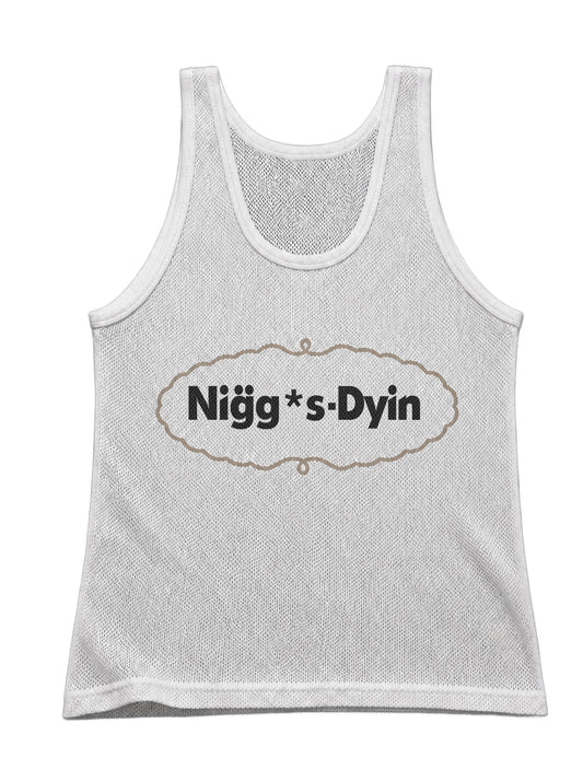 Débardeur Defougue Mesh Tank Top en maille ajourée blanc cassé, logo …-Dyin™ imprimé au centre de la poitrine, contour taupe — déclinaison 1